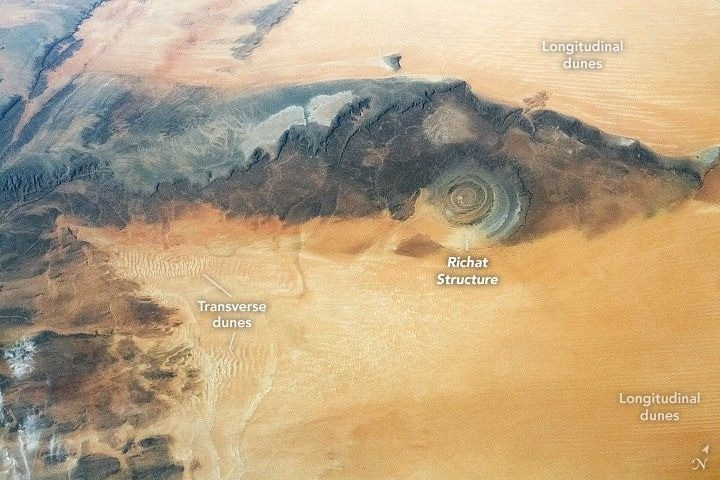 Nhìn từ ngoài không gian, "con mắt của Sahara" - một vòng xoáy rộng 48,2 km - trông giống như vỏ ốc hoặc con mắt. Trong khi đó, lúc đứng trên mặt đất, "cấu trúc Richat" gần như biến mất, bị che khuất bởi cồn cát, sương nóng và địa hình gồ ghề. Ảnh: NASA.