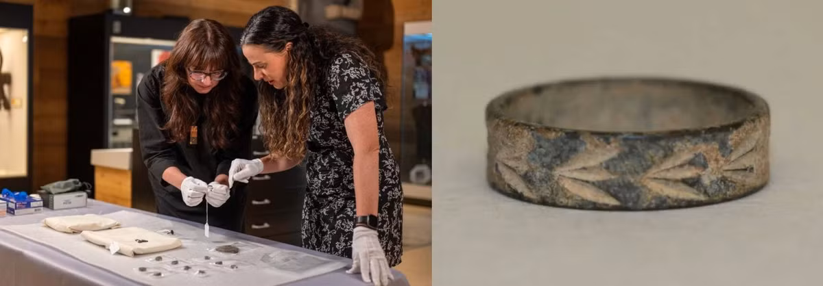 Phó giáo sư khảo cổ học Sabrina Higgins tại SFU đã đưa ra đánh giá ban đầu về 13 món đồ trên có thể có niên đại vào thế kỷ 4 hoặc 5. Niên đại chính xác sẽ được làm sáng tỏ khi những hiện vật được phân tích tỉ mỉ, kỹ lưỡng hơn. Ảnh: Sam Smith/SFU.