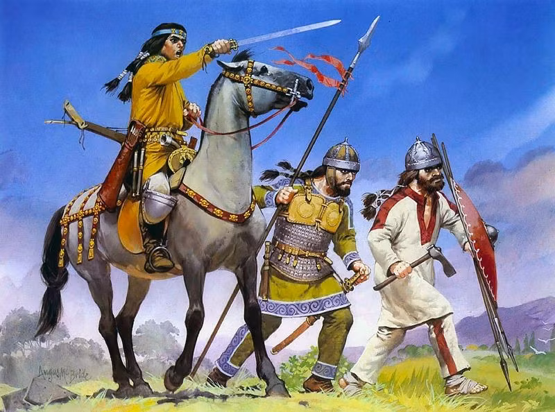 Bên trong ngôi mộ cũng tìm thấy những đồ trang trí tóc bằng đồng mạ vàng và một phụ kiện thắt lưng bằng đồng ép. Những hiện vật này càng khẳng định thêm địa vị xã hội, sự giàu có của người quá cố. Ảnh: Angus McBride.