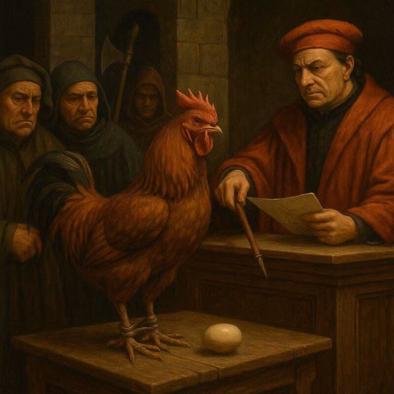 Hội đồng xét xử đã lập luận rằng, quả trứng do gà trống đẻ có thể được sử dụng cho mục đích phù thủy. Một luật sư công đã bào chữa cho "bị cáo" lên tiếng phản bác và cho hay việc đẻ trứng là một hành vi không tự nguyện. Vì vậy, con gà trống không có tội. Ảnh: ChatGPT.