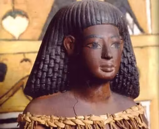 Bộ tóc giả được nhà khảo cổ Ernesto phát hiện trong một chiếc hộp gỗ keo cao có khắc tên Merit. Bên trong hộp có 2 giá đỡ bằng gỗ phủ vải lanh đỡ bộ tóc giả. Ngôi mộ xa hoa này chứa thi hài của Kha - kiến ​​trúc sư của pharaoh Amenhotep II thời Tân Vương quốc và Merit cùng với tủ đựng đồ trang điểm đầy ắp, một giỏ đựng kẹp tóc, dao cạo và lược gỗ. Ảnh: historicaleve.