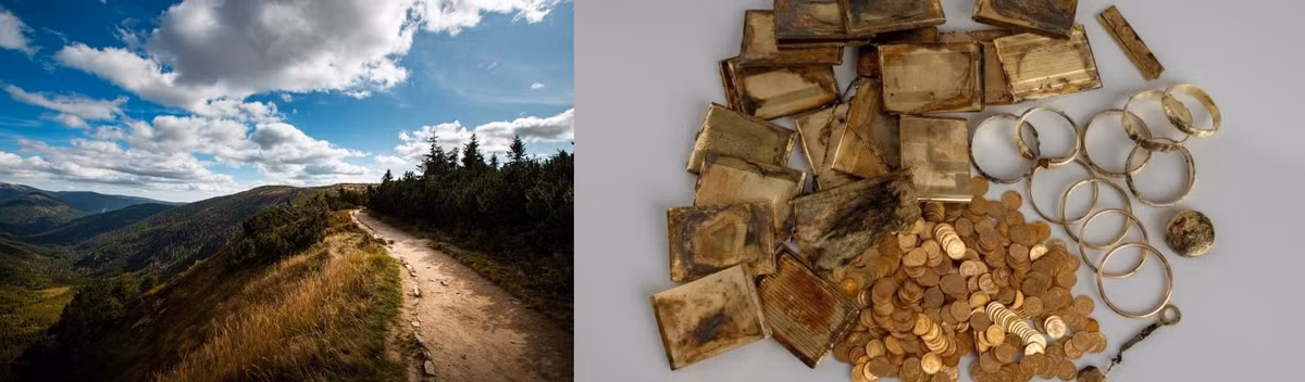 Một số giả thuyết được đưa ra để lý giải nguồn gốc của kho báu quý giá trên, Trong số này, một quan điểm suy đoán số của cải này có thể đã được cất giấu trong giai đoạn hỗn loạn trước Thế chiến 2, khi cộng đồng người Séc và Do Thái rời bỏ khu vực biên giới hoặc vào năm 1945, khi người Đức rời khỏi khu vực. Ảnh: Museum of Eastern Bohemia/Denny – stock.adobe.com.