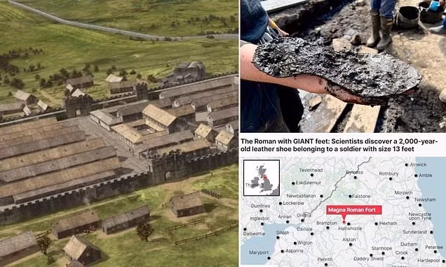 Hai trong số những chiếc giày được phát hiện vào ngày 21/5/2025 vẫn còn trong tình trạng tốt. Một chiếc giày có một phần gót giày và đinh ở dưới đế giày. Ảnh: Vindolanda Trust/Magna Project.