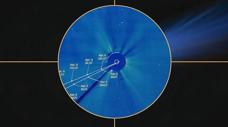 Một vật thể mới mang tên C/2026 A1 (MAPS) được các chuyên gia dự đoán sẽ xuất hiện rực rỡ trên bầu trời tháng 4 tới đây. Đó là một sao chổi đang trên đường tiếp cận Mặt trời. Ảnh: ESA / NASA / SOHO. Comet track by Joe Rao, graphic created in Canva Pro.