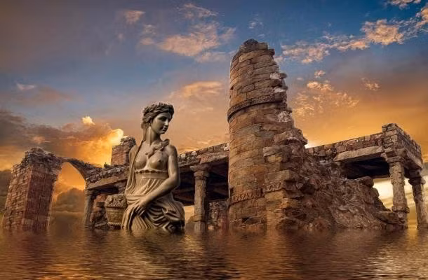 Nhà khảo cổ độc lập Ben lưu ý rằng, ông Michael đã sử dụng các kỹ thuật điều tra vệ tinh và chụp ảnh trên không của Merlin Burrows để khám phá các cấu trúc ẩn. Những công nghệ này giúp xác định các cấu trúc dài ở đáy đại dương. Trong đó có một số bức tường cao tới 6m và được bố trí một cách có tổ chức. Ảnh: Public domain illustration.