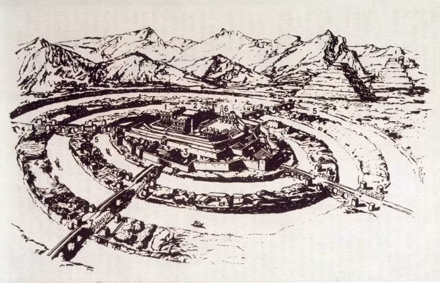 Giữa các bức tường là những kênh đào được chạm khắc tinh xảo và ở giữa là một tàn tích hình chữ nhật, gợi nhớ đến mô tả của Plato về ngôi đền Poseidon, tạo nên nơi mà ông tin là kinh đô của Atlantis. Ảnh: Chronicle / Alamy Stock Photo.