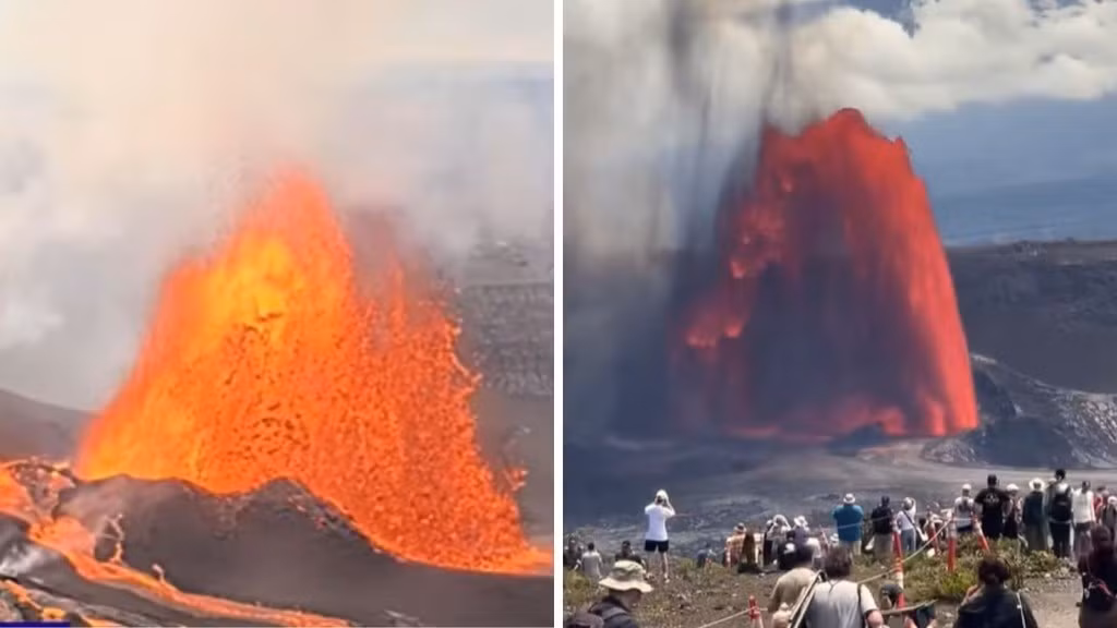 Theo Cơ quan Khảo sát Địa chất Hoa Kỳ, núi lửa Kilauea ở Hawaii đã phun trào dữ dội trong tuần này. Kilauea phun trào dung nham cao tới 152m tính từ miệng núi lửa. Đợt phun trào kết thúc vào khoảng 8h tối giờ địa phương ngày 2/9. Ảnh: YouTube/TikTok.