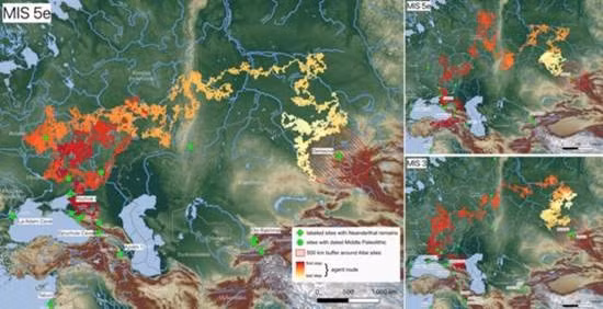 Thông qua sử dụng độ cao địa hình, mô hình khí hậu, bản đồ băng hà và hệ thống sông tái tạo, nhóm chuyên gia của nhà nghiên Coco đã xác định 3 tuyến di cư chính mà người Neanderthal có thể đã đi theo từ châu Âu tới Siberia. Ảnh: Emily Coco and Radu Iovita/PLoS ONE.