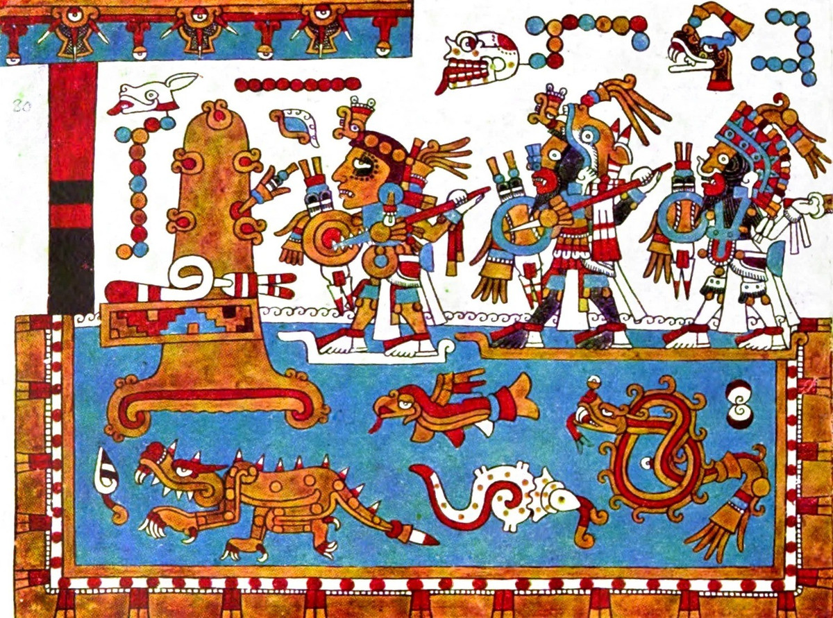 Các bức tường bên trong mộ còn lưu giữ những bức tranh nhiều màu sắc với các màu trắng, xanh lá cây, đỏ và xanh dương. Chúng mô tả một đám rước tang lễ gồm những người mang theo những bao "copal" - một loại nhựa cây được đốt làm hương trong các nghi lễ ở vùng Mesoamerica thời tiền Columbus. Ảnh: mayaincaaztec.com.