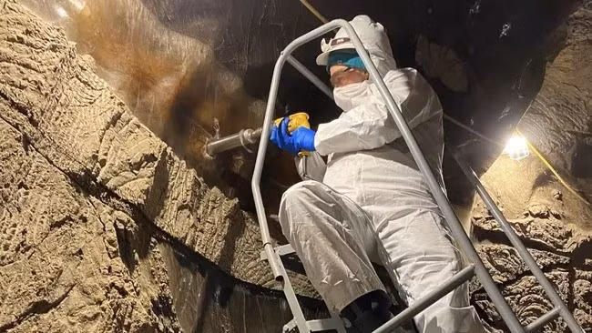 Khi đi xuống đường hầm băng giá, họ ngửi thấy một mùi hôi thối nồng nặc ngày càng khó chịu hơn. Họ cũng tìm thấy xương của bò rừng bison và voi ma mút trên những bức tường băng giá. Ảnh: Tristan Caro.