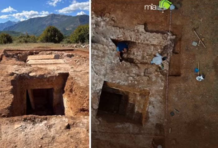 Phát hiện quan trọng nhất là dòng chữ song ngữ khắc trên phiến đá vôi giúp các chuyên gia xác định danh tính của người quá cố là Gelliano - một cái tên đặc trưng của thời kỳ La Mã. Bên trong mộ cổ có hình ảnh thần Jupiter - vị thần tối cao của đền thờ La Mã. Ảnh: Blendi Gonxhja/MIA.