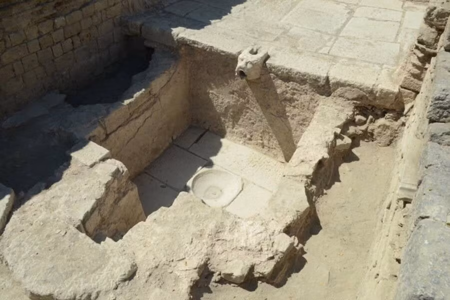 Cụ thể, bên trong một xưởng sản xuất rượu vang và dầu ô liu, nhóm chuyên gia đã tìm thấy một vòi nước được bọc trong đầu một con vật được cho là sư tử đá. Trước đây, vòi nước này có thể từng dẫn rượu vang hoặc sản phẩm phụ từ ô liu chảy vào một bể lên men. Ảnh: Kocaeli University.