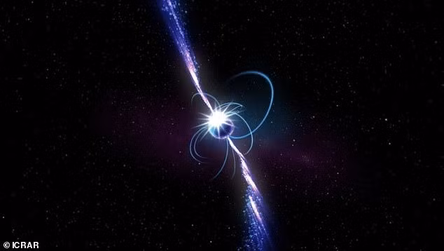 ASKAP J1832-0911 gây chú ý khi truyền tín hiệu đến Trái đất theo 2 hình thức là X quang và sóng vô tuyến. Vật thể này phóng thích dòng xung động kéo dài 2 phút rồi ngừng, trước khi lặp lại 44 phút sau. Ảnh: ICRAR.