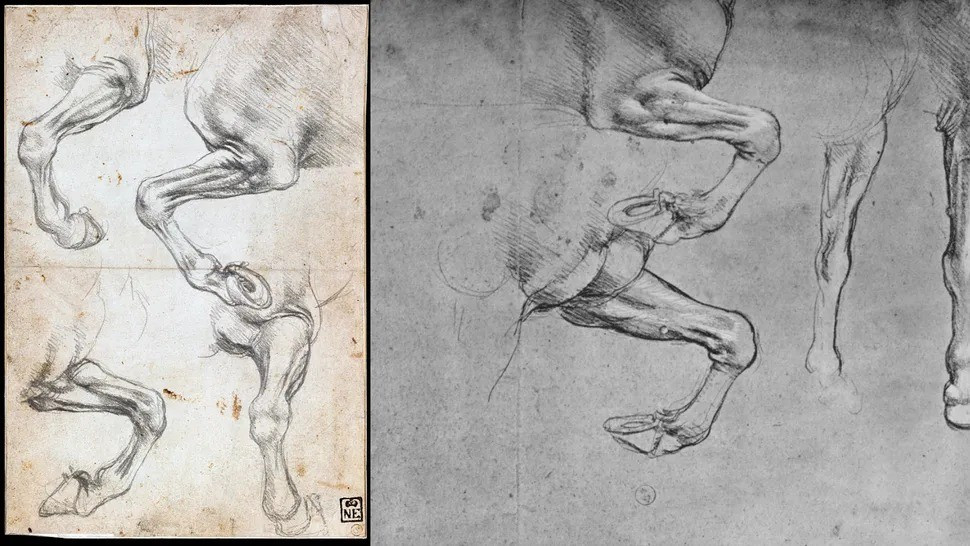 Theo các chuyên gia, mẫu ADN này được thu thập từ một bản phác thảo bằng phấn đỏ mang tên "Holy Child". Dấu vết ADN này cho thấy những điểm tương đồng với vật liệu di truyền lấy từ một bức thư được viết vào những năm 1400 bởi Frosino di ser Giovanni da Vinci - anh họ của ông nội họa sĩ Leonardo. Ảnh: VCG Wilson/Corbis (left) and Print Collector (right) via Getty Images.