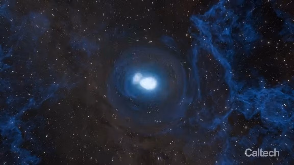 Tuy nhiên, vài ngày sau, vụ nổ này bắt đầu sáng lên, chuyển sang màu xanh và xuất hiện dấu hiệu của hydro. Đây là dấu hiệu của một vụ nổ siêu tân tinh (supernova), xảy ra khi một ngôi sao đơn lẻ chết đi. Ảnh: Caltech/K. Miller and R. Hurt (IPAC).