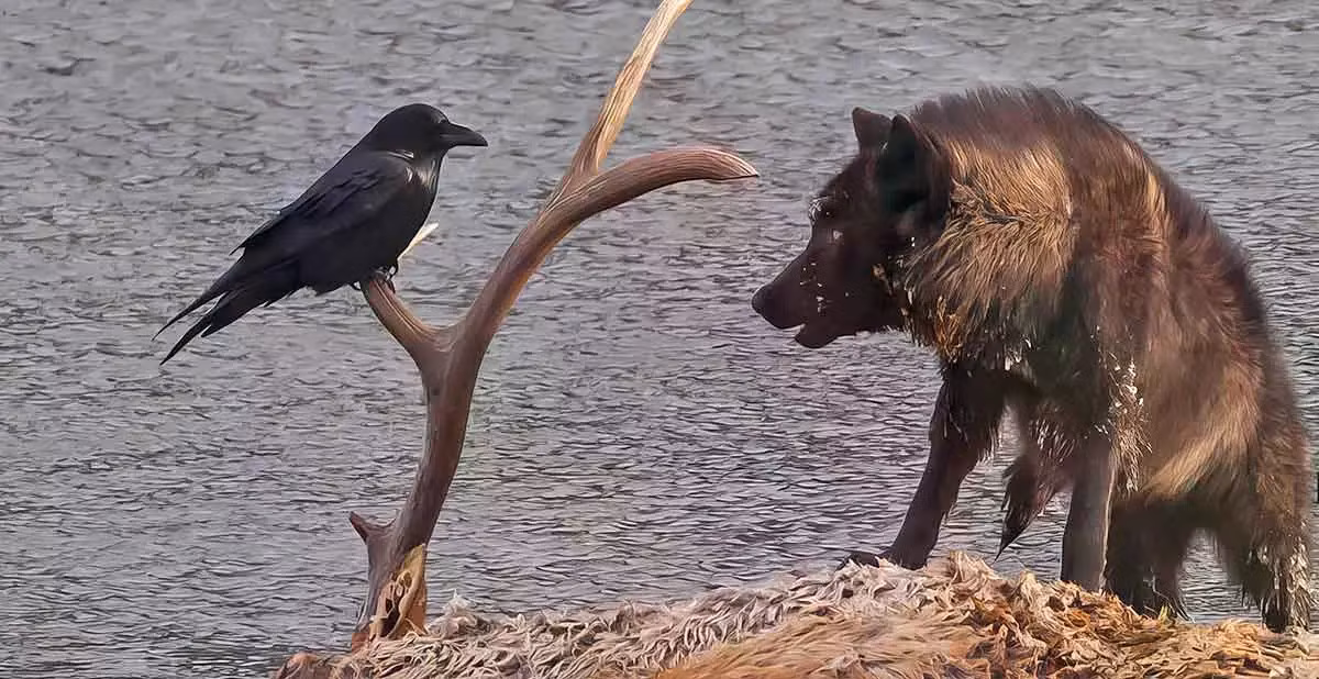 Sự hợp tác ăn ý giữa quạ và sói đã giúp hai loài động vật này đạt được mục tiêu chung, phân chia quyền lợi sòng phẳng. Nhờ đó, mối quan hệ giữa chúng được duy trì suốt nhiều thế kỷ. Ảnh: Mark Miller.
