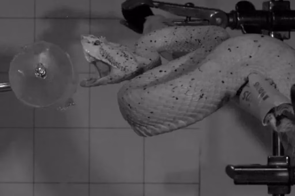 Cụ thể, các loài rắn thuộc họ rắn lục tấn công nhanh từ tư thế cuộn tròn nhưng đôi khi không chọn được góc tấn công tốt. Nếu điều đó xảy ra, chúng sẽ rút nanh ra khỏi con mồi và cắm lại vào vị trí thuận lợi hơn trước khi tiêm nọc độc. Ảnh: Silke Cleuren.