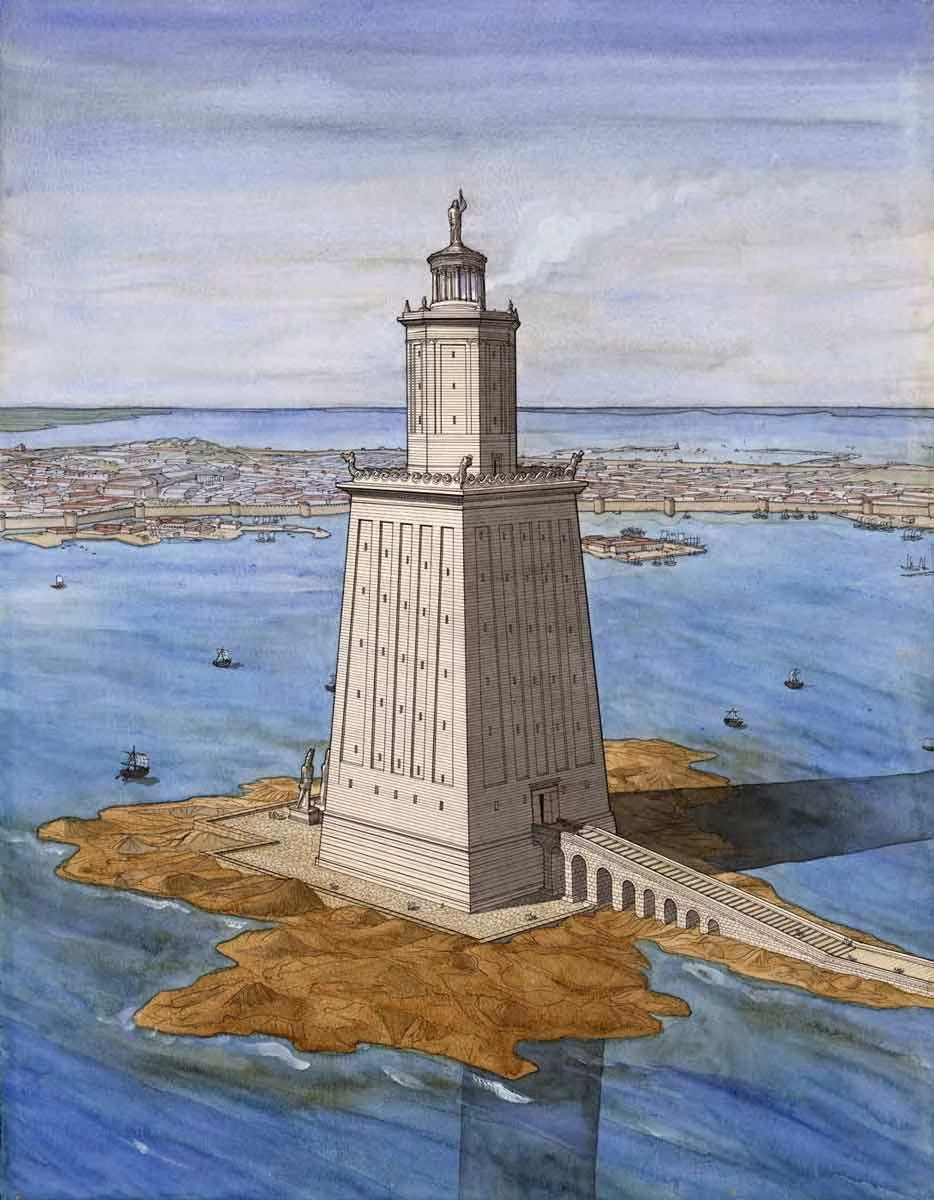 Hải đăng Alexandria là một trong 7 kỳ quan thế giới cổ đại. Theo ghi chép, ngọn hải đăng cao hơn 100m khiến nó trở thành một trong những công trình kiến ​​trúc cao nhất thời bấy giờ. Ảnh: jeanclaudegolvin.com.