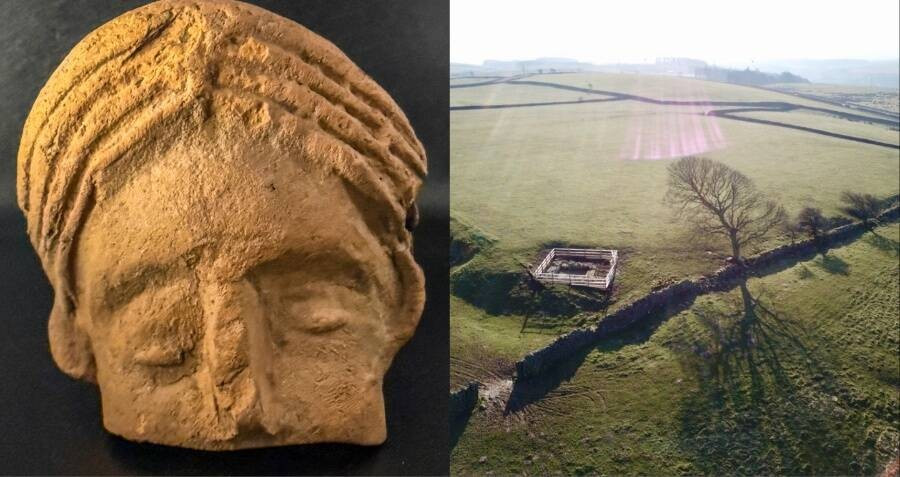 Nhóm nghiên cứu cho hay phần đầu của bức tượng bị vỡ ở dưới mũi, có kiểu tóc tết bốn lọn rẽ ngôi giữa và các đường nét trên khuôn mặt kỳ lạ, không đối xứng. Ảnh: The Vindolanda Trust.