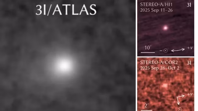 Kính viễn vọng không gian SPHEREx của NASA, được thiết kế để khảo sát bầu trời dưới ánh sáng cận hồng ngoại, đã theo dõi sát sao vật thể liên sao 3I/ATLAS từ ngày 8 - 15/12/2025 khi nó đi qua điểm cận nhật (tức điểm gần Mặt trời nhất). Ảnh: Q. Zheng, K. Battams, 2025.