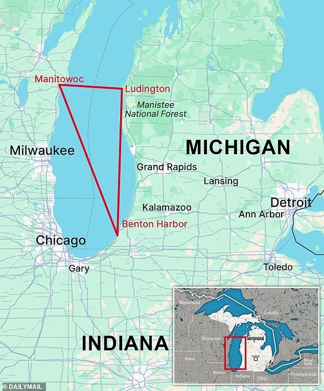 "Tam giác Michigan" là khu vực trải dài từ Ludington đến cảng Benton ở Michigan và Manitowoc ở Wisconsin, Mỹ. Nơi đây ghi nhận nhiều vụ mất tích bí ẩn khiến giới chức trách và các chuyên gia "đau đầu" đi tìm lời giải. Ảnh: Daily Mail.