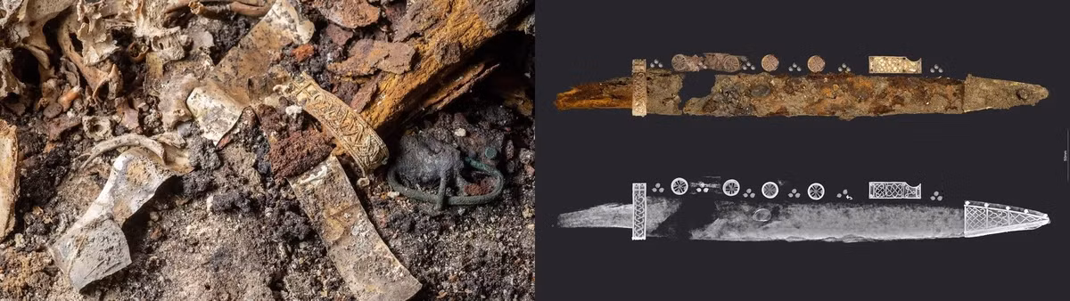 Cậu bé được chôn cất với chiếc vòng tay bạc trên cánh tay và cựa bạc gắn vào giày. Ngày nay, hầu hết trẻ em bắt đầu biết đi từ 8 - 18 tháng tuổi. Từ đây, các chuyên gia nhận định có thể cậu bé này đã biết đi trước khi chết. Ảnh: BLFD.