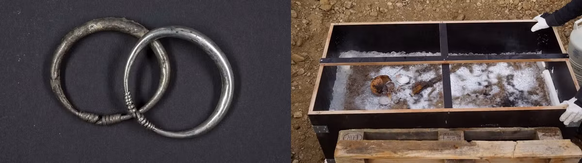 Thi hài "hoàng tử băng giá" được đặt trên một tấm chăn lông bên trong phòng. Một trong những bộ quần áo của cậu bé là một chiếc áo sơ mi dài tay làm từ vải lanh và được trang trí bằng những dải lụa. Khi ấy, lụa chỉ có ở Đế chế Byzantine và là một biểu tượng địa vị hiếm có. Ảnh: BLFD.