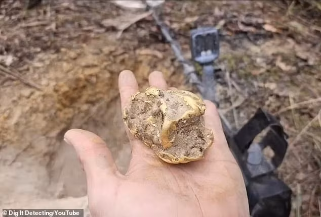 Theo ông Phillips, cục vàng mà ông tìm thấy nặng gần 1 kg. Một số chuyên gia ước tính cục vàng này có giá trị khoảng 100.000 USD (khoảng 2,6 tỷ đồng). Ảnh: Dig It Detecting/YouTube.