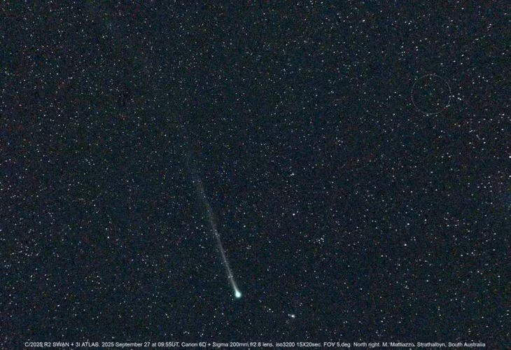 Trong khi đó, sao chổi Swan được nhà thiên văn người Ukraine Vladimir Bezugly phát hiện vào tháng 9 thông qua hình ảnh từ tàu vũ trụ SOHO của NASA. Với việc di chuyển ở khoảng cách gần 39 triệu km, sao chổi Swan ngày càng sáng lên khi tiến gần Trái đất. Ảnh: Bluesky.