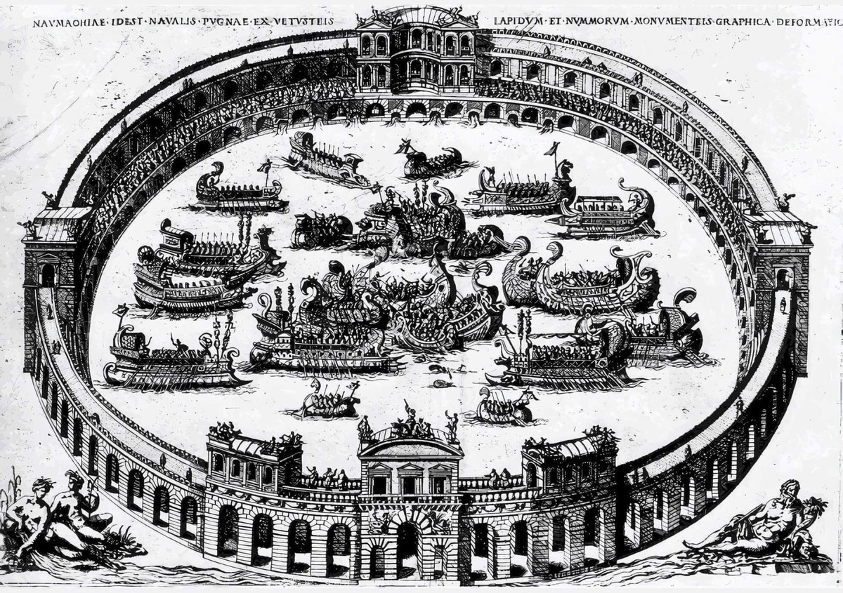 Đó là một trận hải chiến trên một hồ nhân tạo được xây dựng tại Campus Martius chứa đầy nước từ sông Tiber gần đó. Ảnh: Public domain, upscaled by Roman Empire Times.