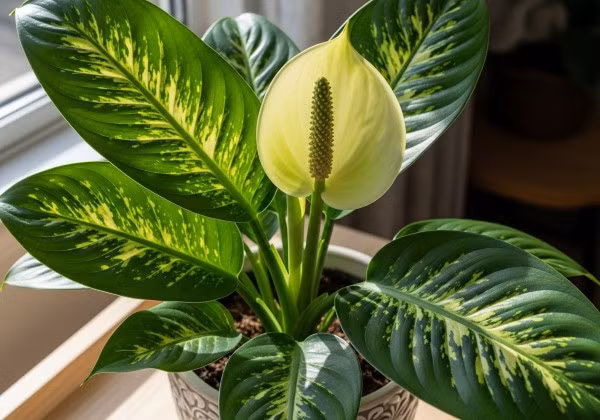  Đặc điểm hoa: Hoa Vạn niên thanh mọc thành cụm màu trắng xanh, có dạng bông mo giống như hoa Lan Ý nhưng mập mạp hơn.