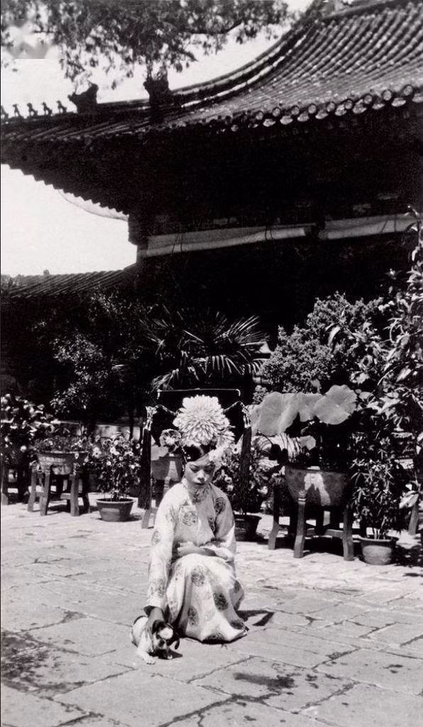 Thục phi Văn Tú - phi tần của vua Phổ Nghi - chơi đùa với chó cưng.