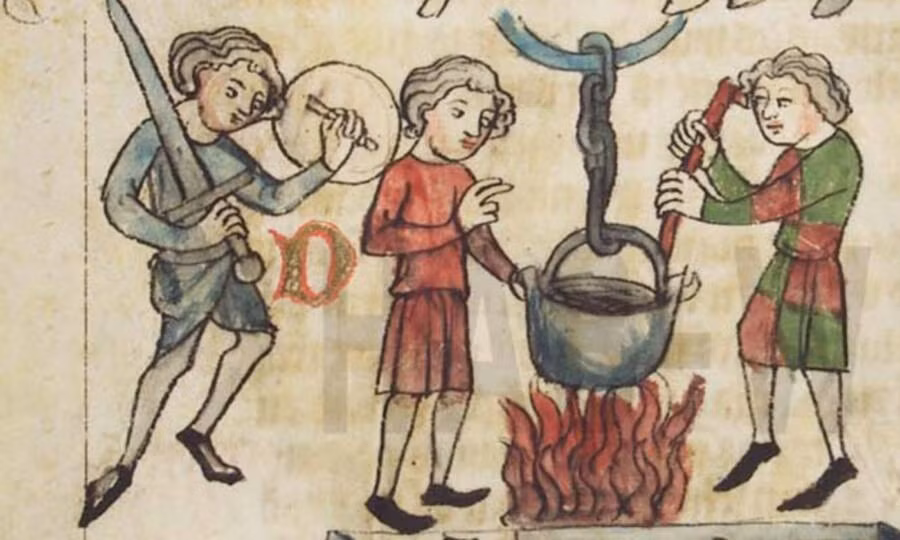 Trong một số phiên tòa xét xử bằng thử thách nước, các bị cáo buộc phải nhúng tay vào một cái vạc đổ đầy nước nóng hoặc dầu sôi để lấy một viên đá hoặc chiếc nhẫn đặt dưới đáy. Người nào lấy được đồ vật dưới đáy thì mà không bị bỏng nặng thì sẽ được phán quyết vô tội. Trái lại, nếu bị bỏng nặng thì sẽ bị kết án có tội. Ảnh: Public Domain.