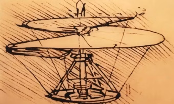 Nhà nghiên cứu Rajat Mittal thuộc Đại học Johns Hopkins ở Maryland, Mỹ và đồng nghiệp phát hiện mẫu trực thăng được danh họa Leonardo da Vinci thiết kế khi làm kỹ sư quân sự vào năm 1480 (nhưng chưa bao giờ chế tạo hay thử nghiệm) có thể cần ít năng lượng hơn để tạo ra cùng lực nâng như rotor drone thông thường. Ảnh: Passei Direto.