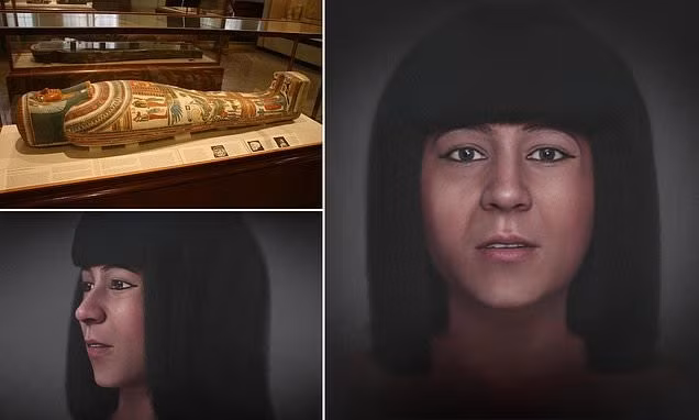 Giờ đây, công chúng có thể chiêm ngưỡng gương mặt phục dựng của Meresamun sau khi xác chuyên gia chụp CT xác ướp mà vẫn giữ nguyên lớp vải quấn thi hài của bà. Ảnh: Gary Lee Todd/Cicero Moraes/Pen News.