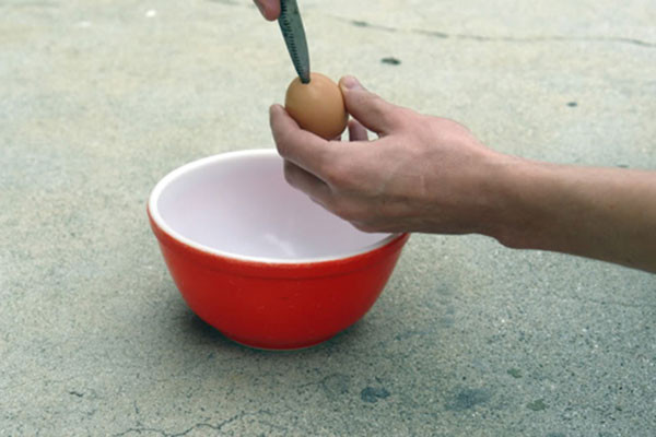 Bước 2: Dùng dao nhọn khoét một lỗ trên quả trứng gà, dùng đầu đũa cho vào trong đảo nhẹ, vừa đảo vừa lắc để ruột trứng ra ngoài, để vỏ trứng qua một bên.