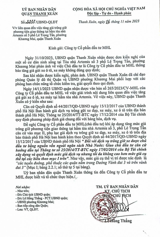 UBND quận Thanh Xuân lên tiếng về giá trông giữ xe tại hầm tòa nhà Artemis - Hình 2 UBND quan Thanh Xuan len tieng ve gia trong giu xe tai ham toa nha Artemis-Hinh-2
