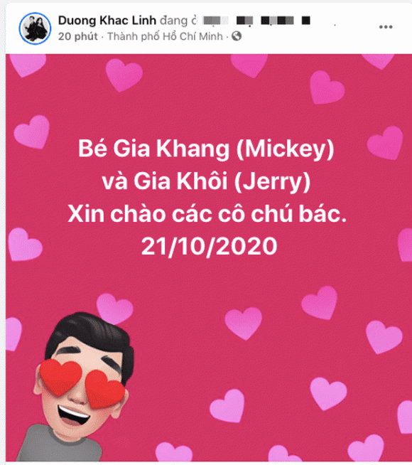 Dương Khắc Linh thông báo vợ sinh đôi, tiết lộ tên hai bé - Hình 2 Duong Khac Linh thong bao vo sinh doi, tiet lo ten hai be-Hinh-2