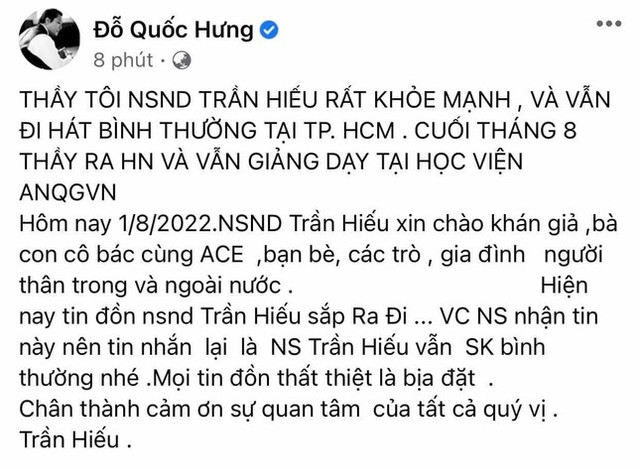 Vợ NSND Trần Hiếu bác tin chồng ốm "thập tử nhất sinh, khó qua khỏi" - Hình 2 Vo NSND Tran Hieu bac tin chong om