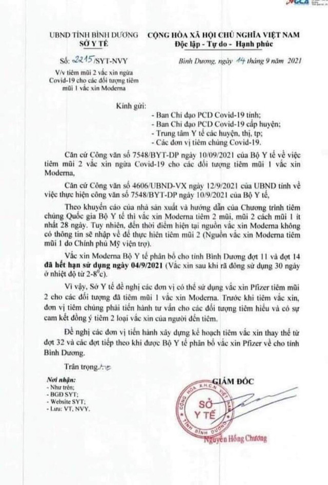 Sở Y tế Bình Dương lý giải văn bản gây hiểu nhầm để vắc xin hết hạn So Y te Binh Duong ly giai van ban gay hieu nham de vac xin het han