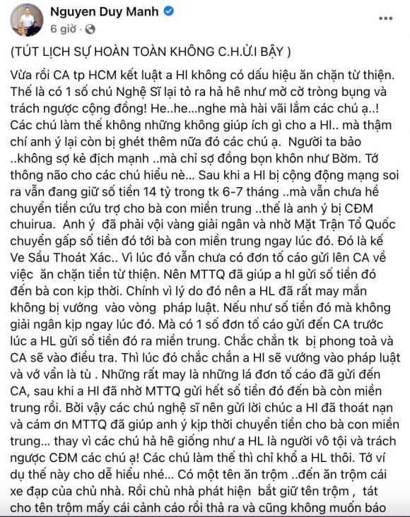 Duy Mạnh mắng những nghệ sĩ chúc mừng Hoài Linh: ''Kém hiểu biết" Duy Manh mang nhung nghe si chuc mung Hoai Linh: ''Kem hieu biet