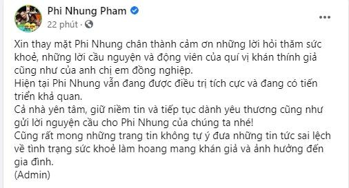 Đại diện Phi Nhung thông báo nữ ca sĩ đang tiến triển khả quan Dai dien Phi Nhung thong bao nu ca si dang tien trien kha quan