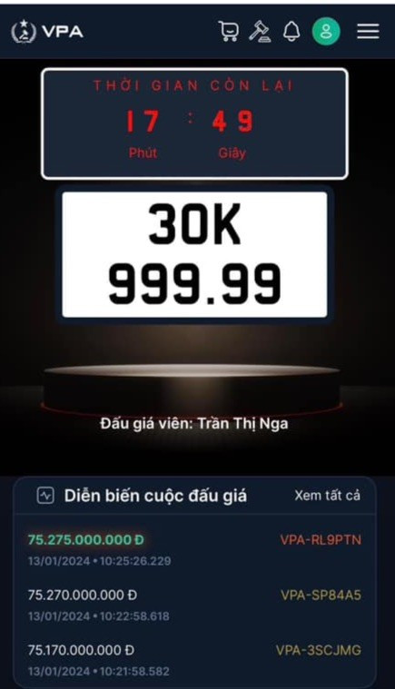 Biển số ngũ quý 9 được trả giá hơn 75 tỷ đồng - Hình 2 Bien so ngu quy 9 duoc tra gia hon 75 ty dong-Hinh-2