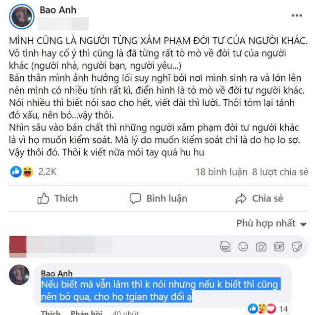 Bảo Anh thừa nhận quá khứ từng 'xâm phạm đời tư người khác' Bao Anh thua nhan qua khu tung 'xam pham doi tu nguoi khac'