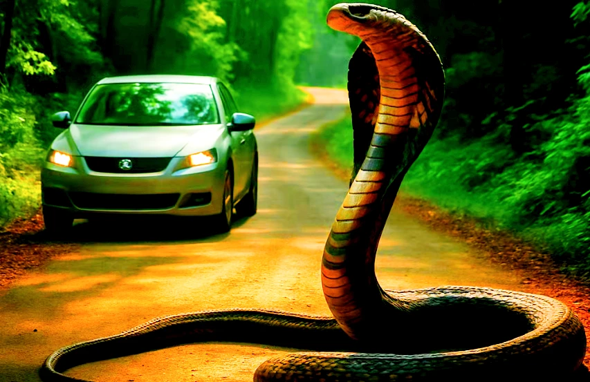 Rắn hổ mang chúa khổng lồ ngáng đường, nữ tài xế khóc thét