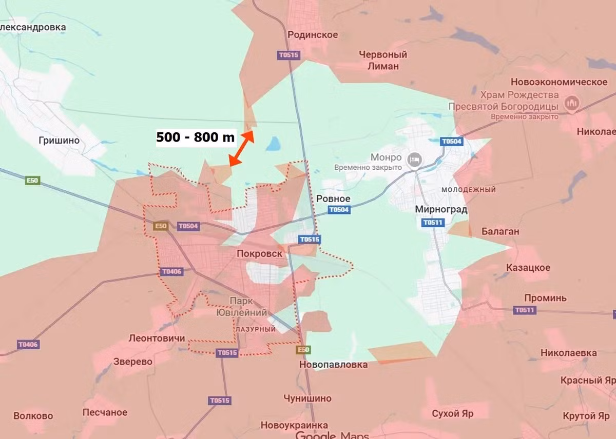 Tuy nhiên, Tập đoàn quân 29 của Nga đã chiếm được ngôi làng Novopavlivka và tiếp tục tràn ngập làng Gnativka ở phía nam khu đô thị Pokrovsk. Tại khu vực khai thác mỏ phía nam Myrnohrad, RFAF đã hoàn toàn kiểm soát ba ngôi làng phía đông khu đô thị Myrnohrad (Balahan, Kozatske, Promin); đây được coi đó là tuyến phòng thủ cốt lõi của AFU.