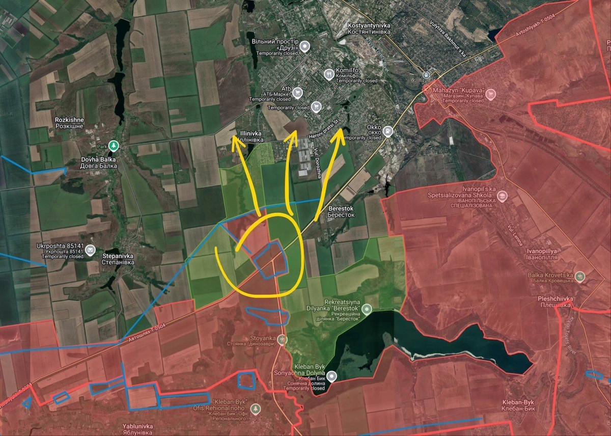 Trong khi Lữ đoàn Pháo binh 238 của Nga tiếp tục tấn công quân Ukraine gần Raisk (phía tây nam Druzhkivka) bằng UAV FPV. Còn phân đội UAV FPV thuộc Tiểu đoàn Trinh sát Độc lập số 68 của Sư đoàn Bộ binh Cơ giới số 20 RFAF, đang tiến hành các cuộc tấn công gần Mikolaipypiya (phía nam Druzhkivka) và Novokhrikhorivka (phía tây nam Druzhkivka).