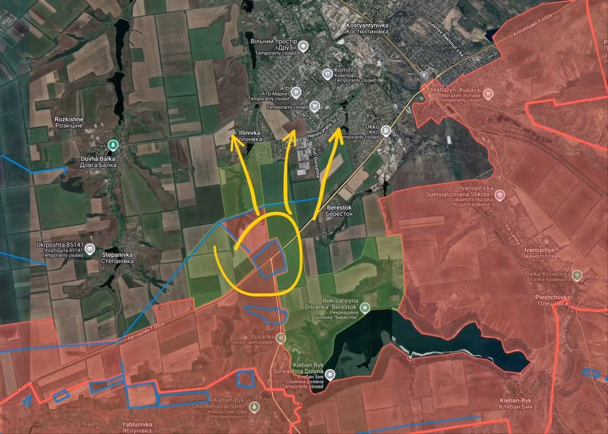 Phía trước là hồ chứa Molocharka, quân Nga sẽ phải cố gắng vòng qua đây, san bằng mặt trận về phía Verolyubivka. Ở ngoại ô phía nam thành phố, các cuộc tấn công đang diễn ra từ tuyến Berestok-Ilyinovka. Giữa Ivanopol và Berestok, một vùng xám vẫn tồn tại, hầu như không thay đổi; Tình hình xung quanh Stepanovka cũng tương tự. Do đó, cần phải thừa nhận rằng quân đội Ukraine đã ổn định phòng thủ ở những khu vực này.