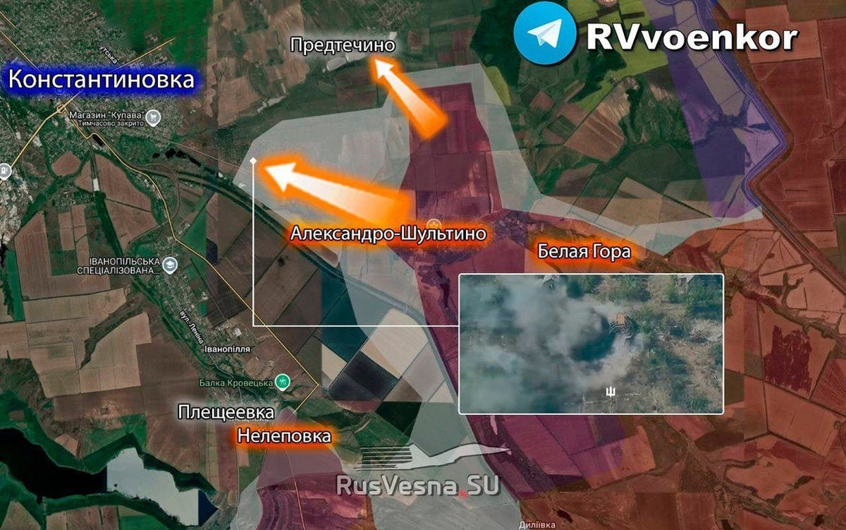RFAF cũng đang phát triển tiến công thuận lợi tới Nelepovka và Plescheevka dọc theo tuyến đường sắt từ vùng ngoại ô phía bắc của khu vực Shcherbinovka. Phần lớn Nelepovka và vùng ngoại ô phía nam của Plescheevka, hiện nằm dưới sự kiểm soát của quân Nga.
