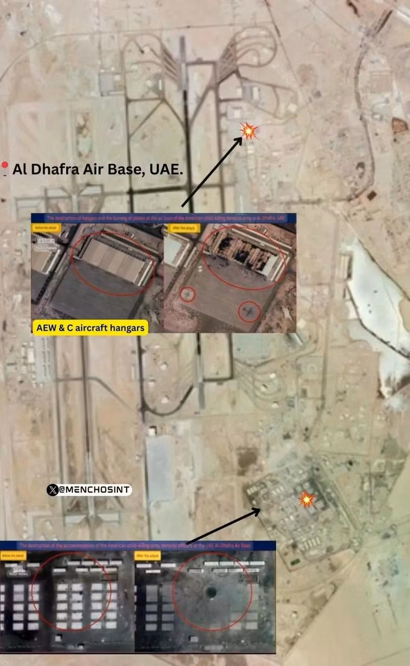 Đầu tiên, IRGC sử dụng UAV tấn công tự sát, để thực hiện một cuộc tấn công ở độ cao thấp vào hệ thống radar cảnh báo sớm chiến lược AN/FPS-132 (thường được gọi là một phần của mạng lưới PAVE PAWS) của Mỹ tại Qatar. Do đó làm gián đoạn khả năng cảnh báo sớm của hệ thống phòng thủ tên lửa Mỹ ở Trung Đông. (Ảnh vệ tinh cho thấy nhiều khu vực trong căn cứ Al Dhafra của Mỹ ở UAE bị trúng tên lửa).